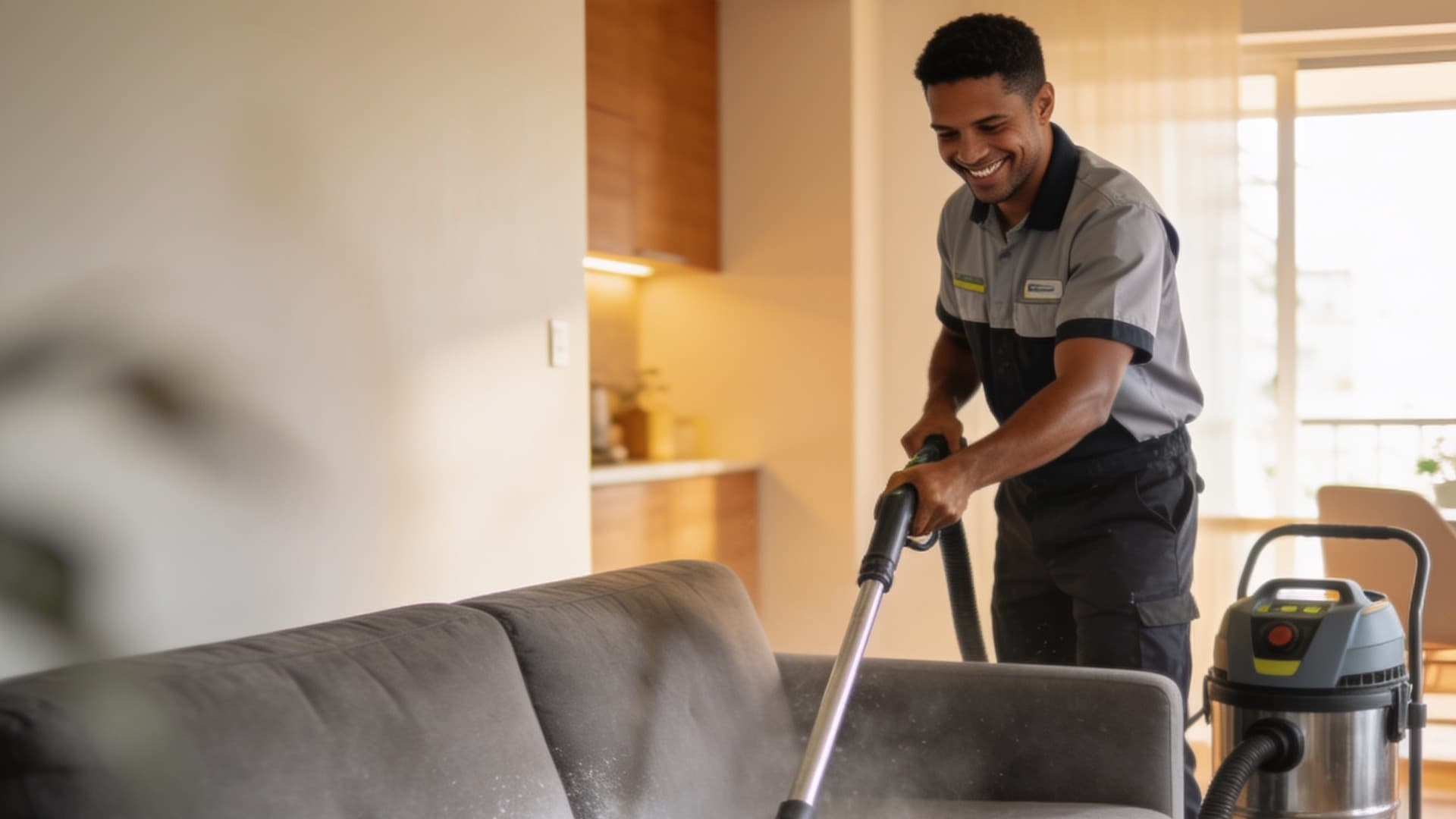 Profissional sorrindo enquanto limpa um sofá com máquina extratora
