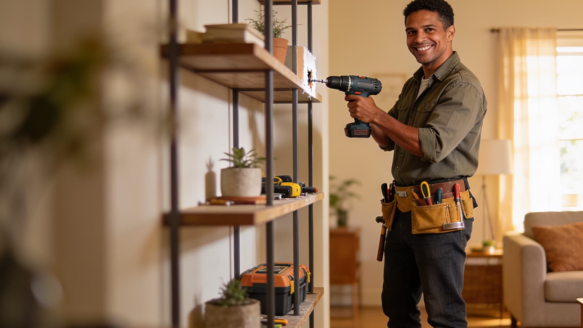Marido de aluguel sorrindo segurando uma furadeira em uma sala