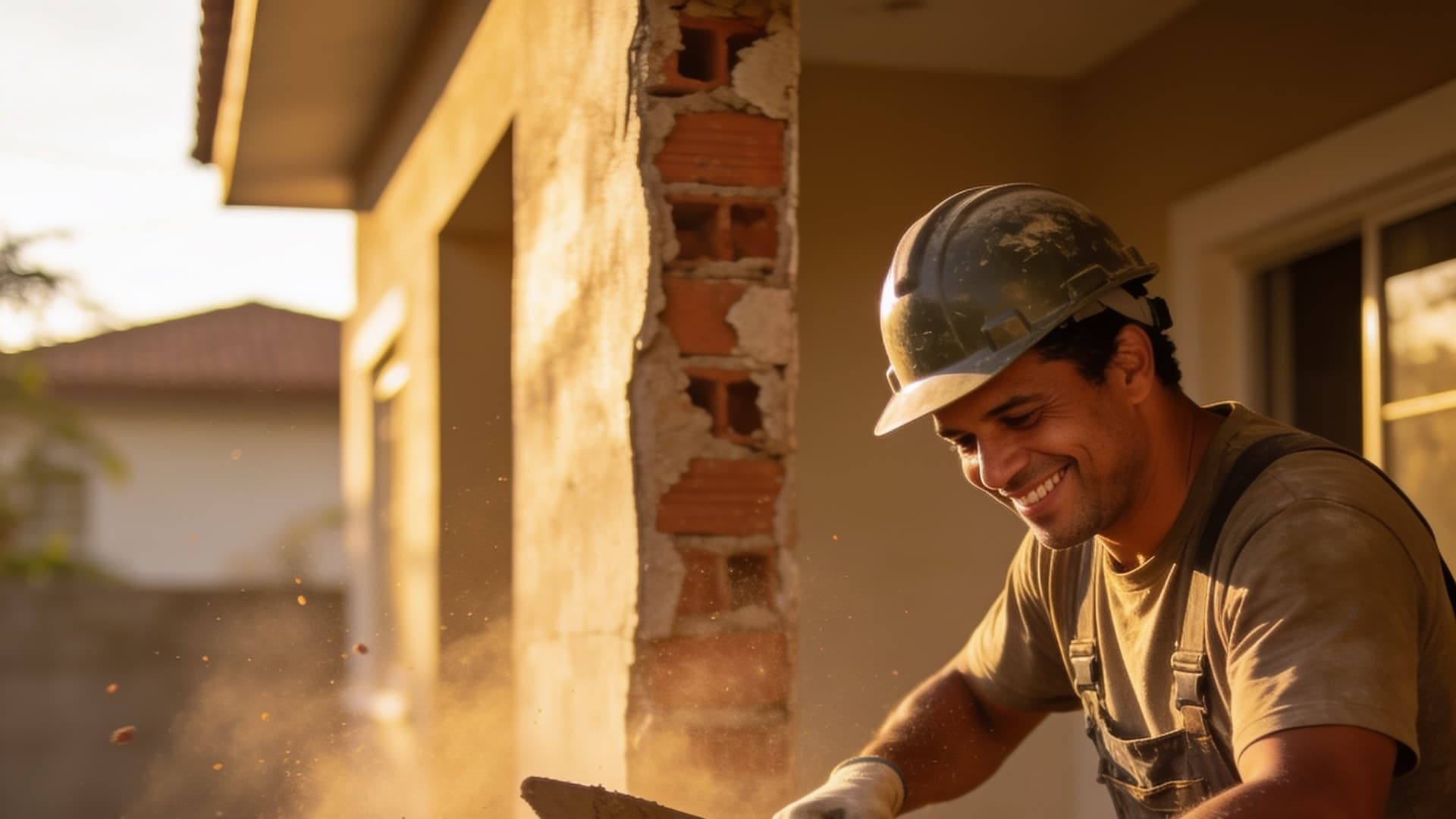 Pedreiro sorrindo durante uma reforma com parede de tijolos