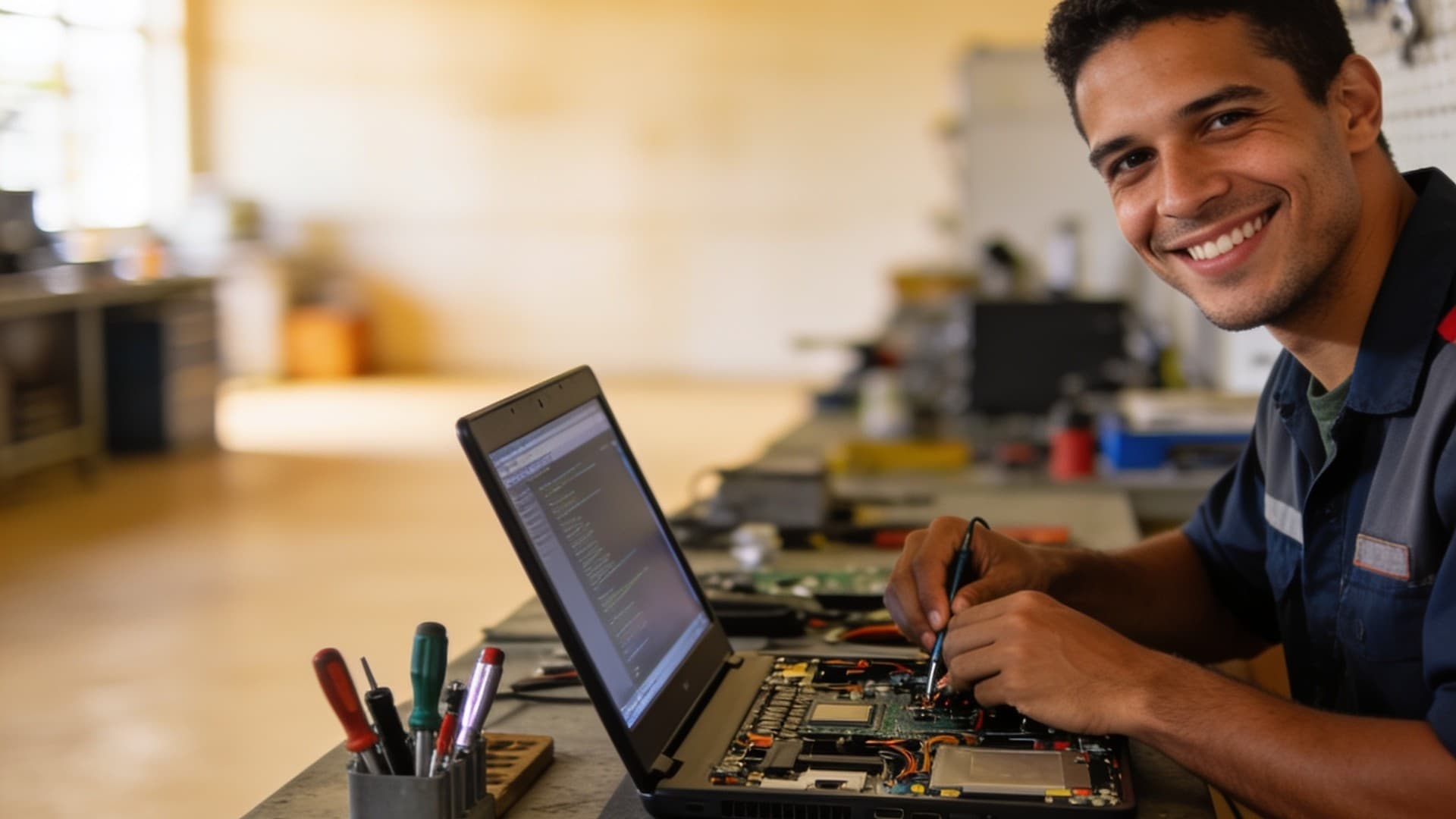 Técnico em informática sorrindo enquanto conserta um notebook